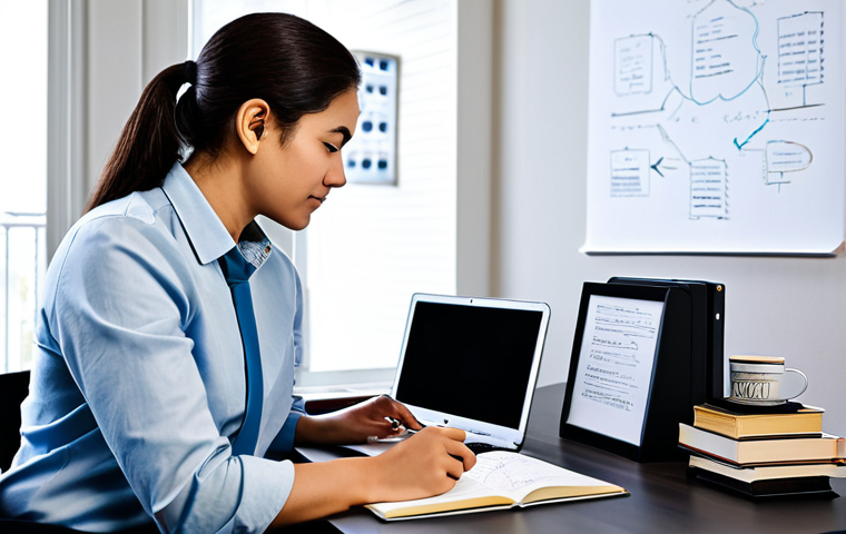 A professional individual, fully clothed, deeply focused on studying for cloud certification. They are wearing modest business casual attire and are seated comfortably at a clean, modern desk in a home office. Surrounded by open textbooks, a laptop displaying a cloud service console or architecture diagram, and handwritten notes. A warm beverage sits nearby. The atmosphere is calm and conducive to learning, emphasizing intellectual pursuit. perfect anatomy, correct proportions, natural pose, well-formed hands, proper finger count, natural body proportions, professional photography, high quality, safe for work, appropriate content, family-friendly, professional dress.