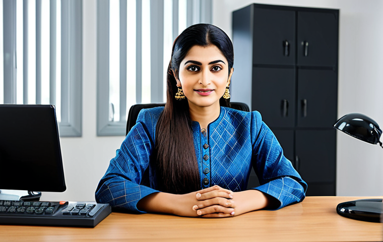 클라우드 컴퓨팅 자격증 실기 준비 방법 - "A professional woman in a modest salwar kameez, sitting at a desk in a bright, modern office. She i...