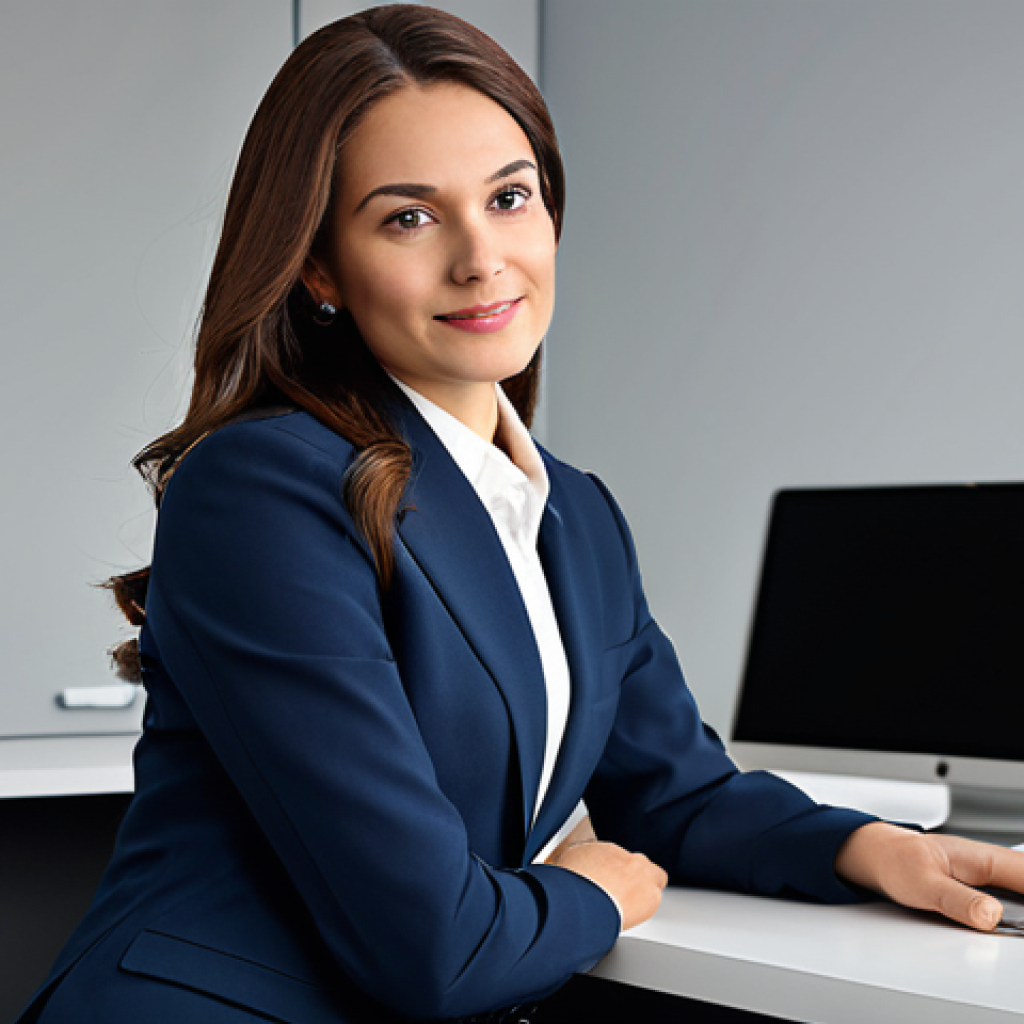 클라우드 컴퓨팅 취업 인터뷰 준비 팁 - A professional businesswoman in a modest business suit, sitting at a desk in a modern office, fully ...