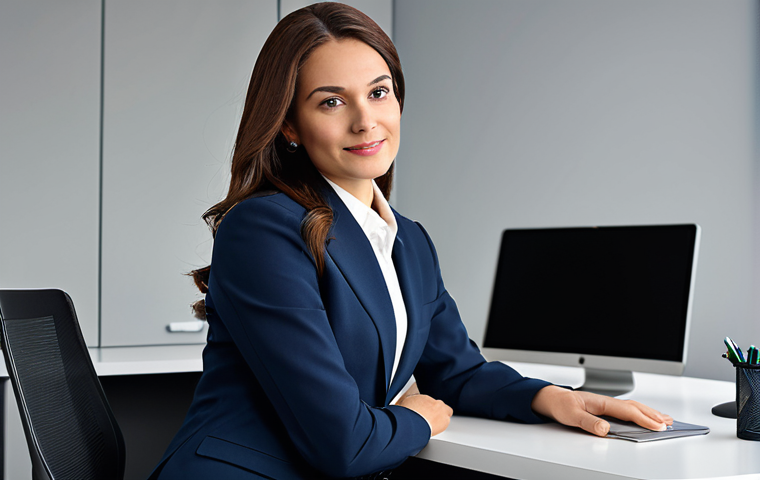 클라우드 컴퓨팅 취업 인터뷰 준비 팁 - A professional businesswoman in a modest business suit, sitting at a desk in a modern office, fully ...