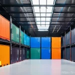 클라우드에서 컨테이너 활용 방법  Kubernetes - **Prompt:** A vibrant, futuristic landscape where numerous stylized, glowing "container" boxes, each...