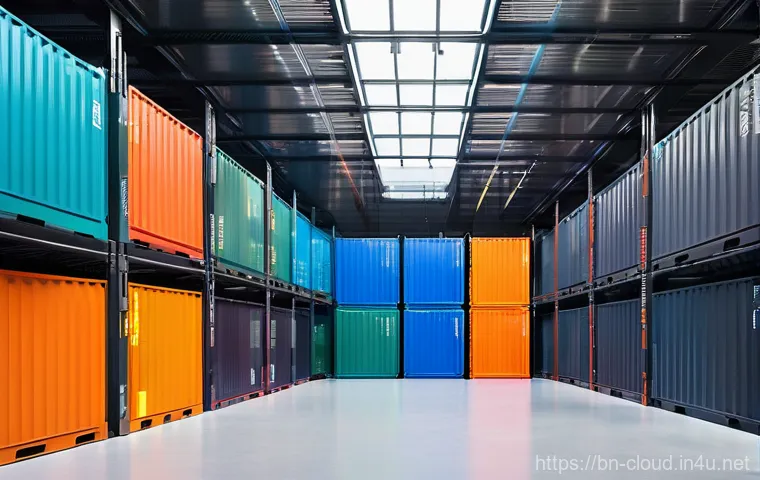 클라우드에서 컨테이너 활용 방법  Kubernetes - **Prompt:** A vibrant, futuristic landscape where numerous stylized, glowing "container" boxes, each...