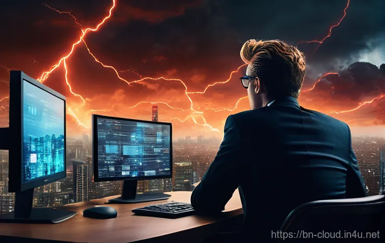 클라우드 환경에서의 장애 복구 사례 - **Prompt 1: The Weight of Cloud Disruption**
A wide shot of a bustling modern city at dusk, with...