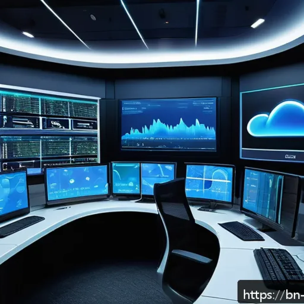 클라우드 컴퓨팅 전문가의 하루 업무일기 - A detailed and vibrant illustration of a modern cloud system monitoring control room with multiple l...