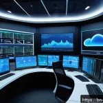 클라우드 컴퓨팅 전문가의 하루 업무일기 - A detailed and vibrant illustration of a modern cloud system monitoring control room with multiple l...