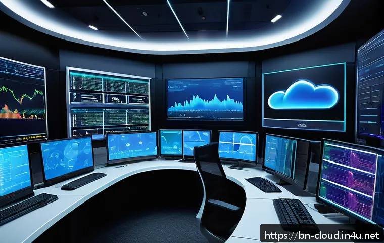 클라우드 컴퓨팅 전문가의 하루 업무일기 - A detailed and vibrant illustration of a modern cloud system monitoring control room with multiple l...