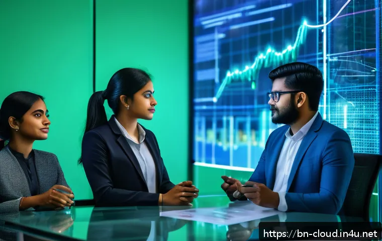 클라우드 컴퓨팅과 블록체인 기술 융합 사례 - A futuristic business office setting in Bangladesh, featuring diverse professionals collaborating ar...