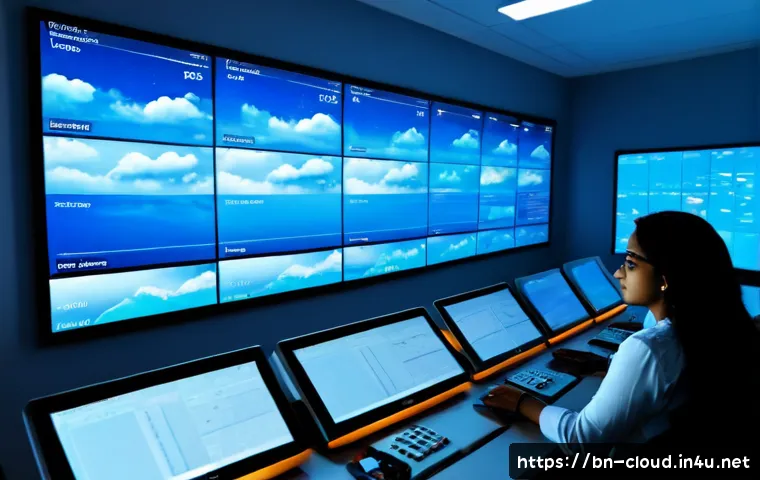 클라우드 환경에서의 로그 관리와 모니터링 - Photorealistic modern cloud operations center, Bengali IT professional monitoring a large wall of ab...